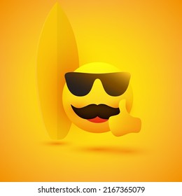 Smiling Emoji - Simple Happy Cheerful Male Surfer Emoticon with Mustache Wearing Sunglasses and Showing Thumbs Up in Front of a Surfboad - Vector Design for Web and Online Apps on Yellow Background