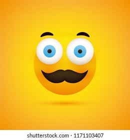 Smiling Emoji - Simple Happy Emoticon with Pop Out Eyes and Mustache on Yellow Background - Vector Design