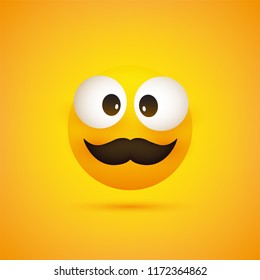 Smiling Emoji - Simple Happy Emoticon with Squint Pop Out Eyes and Mustache on Yellow Background - Vector Design