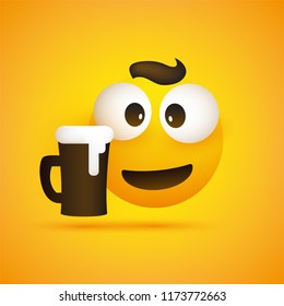 Smiling Emoji - Simple Happy Emoticon with Squint Pop Out Eyes and a Glass of Beer on Yellow Background - Vector Design