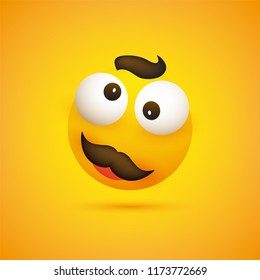 Emoji sonriente - Emoticon feliz simple con ojos despuntados y bigote en fondo amarillo - Diseño vectorial