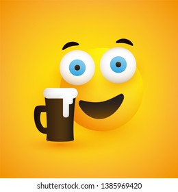 Smiling Emoji - Simple Happy Emoticon with Pop Out Eyes and a Glass of Beer on Yellow Background - Vector Design