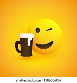 Smiling Emoji - Simple Happy Emoticon with Winking Eye and a Glass of Beer on Yellow Background - Vector Design 
