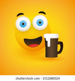 Smiling Emoji - Simple Happy Emoticon with Pop Out Eyes and a Glass of Beer on Yellow Background - Vector Design