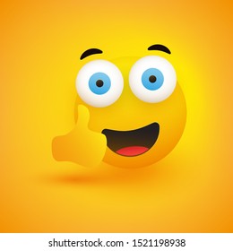 Smiling Emoji - Simple Happy Emoticon with Pop Out Eyes Showing Thumbs Up on Yellow Background - Vector Design