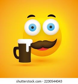 Smiling Emoji - Simple Happy Emoticon with Mustache, Pop Out Eyes and a Glass of Beer on Yellow Background - Vector Design for Web and Instant Messaging