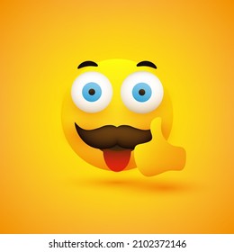 Smiling Emoji - Simple Happy Funny Male Emoticon with Stuck Out Tongue and Mustache - Looking with Pop Out Wide Open Eyes and Showing Thumbs Up - Vector Design on Yellow Background for Web and Apps