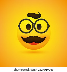 Smiling Emoji - Simple Happy Male Emoticon with Glasses, Hair and Mustache on Yellow Background - Vector Design for Web and Apps