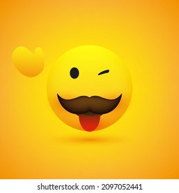 Smiling Emoji - Simple Happy Winking Emoticon with Wawing Hand, Stuck Out Tongue and Mustache on Yellow Background - Vector Design
