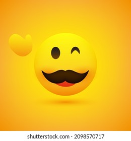 Smiling Emoji - Simple Happy Winking Emoticon with Waving Hand and Mustache on Yellow Background - Vector Design