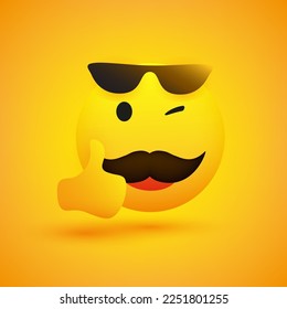 Smiling Emoji - Simple Happy Winking Yellow  Emoticon with Mustache and Sunglasses Showing Thumbs Up - Vector Design for Web and Instant Messaging Apps