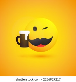 Smiling Emoji - Simple Happy Winking Emoticon with Mustache and Beer Mug - Vector Design for Web and Instant Messaging Apps