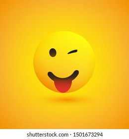Smiling Emoji with Stuck Out Tongue - Simple Happy Emoticon on Yellow Background - Vector Design