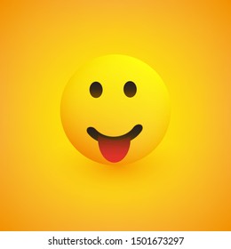 Smiling Emoji with Stuck Out Tongue - Simple Happy Emoticon on Yellow Background - Vector Design