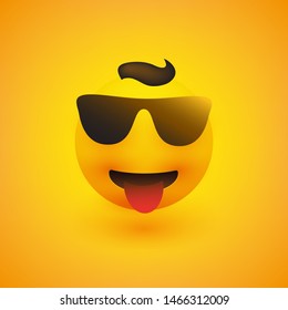 Smiling Emoji with Sunglasses and Stuck Out Tongue on Yellow Background - Vector Design