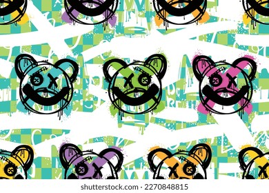 Smiling emoji teddy bear face. Grunge graffiti style drawing. Seamless pattern, repeated texture background. Vector illustration design.