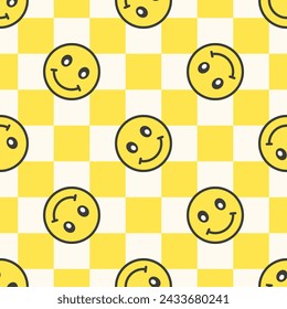 Smiling emoji vector seamless pattern. Happy hippie chess background. Best for textile, wallpapers, wrapping paper, package and web design.