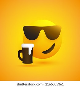 Smiling Emoji Wearing Sunglasses, Enjoying the Taste of the Frothy Drink - Simple Shiny Happy Emoticon with Beer Mug on Yellow Background