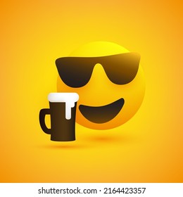 Smiling Emoji Wearing Sunglasses - Simple Shiny Happy Emoticon with Beer Mug on Yellow Background - Vector Design