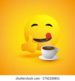 Smiling Emoticon with a Cup of Coffee and Outstretched Tongue Showing Thumbs Up - Simple Shiny Happy Emoticon on Yellow Background - Vector Design