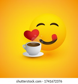 Emoticon sonriente con una copa de café, corazón rojo y lengua extendida - Emoticon feliz brillante simple sobre fondo amarillo - Diseño de vectores