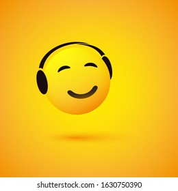 Smiling Emoticon Enjoying, Listening to Music - Face With Closed Eyes and Headphones on Yellow Background - Vector Design
