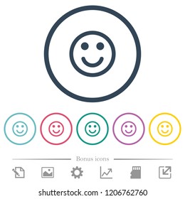 Smiling emoticon flat color icons in round outlines. 6 bonus icons included.
