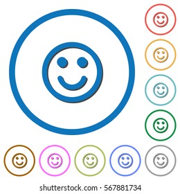 Smiling emoticon flat color vector icons with shadows in round outlines on white background