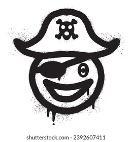 Smiling emoticon graffiti wearing a pirate hat with black spray paint