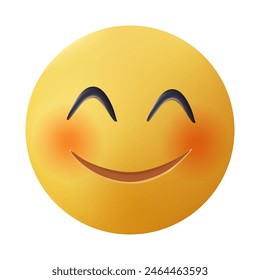 Smiling emoticon with happy eyes and rosy cheeks 3D illustration. Shy emoji. Bashful yellow face with glossy eyes, flushed cheeks