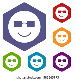 Smiling emoticon icons set rhombus in different colors isolated on white background