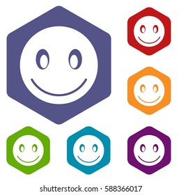 Smiling emoticon icons set rhombus in different colors isolated on white background