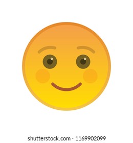 Smiling emoticon isolated on white background. Happy yellow emoji symbol. Social communication and internet chatting vector element. Joyful smile face with facial expression in flat style.