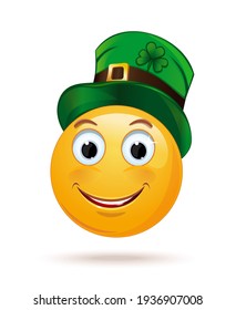 Smiling emoticon with a leprechaun hat. Emoji for Saint Patrick's Day. Vector illustration