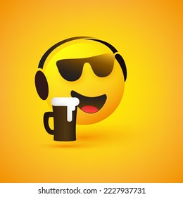 Smiling Emoticon Listening to Music - Face Wearing Sunglasses, Headphones and Frothy Beer in a Mug on Yellow Background - Vector Design Concept for Web, Social Media or Instant Messaging