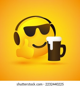 Smiling Emoticon Listening to Music - Face Wearing Sunglasses, Headphones and Frothy Beer in a Mug on Yellow Background - Vector Design Concept for Web, Social Media or Instant Messaging