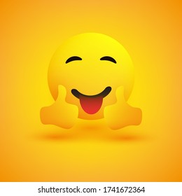 Smiling Emoticon on Yellow Background - Simple Happy Emoticon with Outstretched Tongue Showing Thumbs Up - Vector Design Concept
