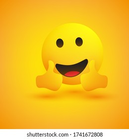 Smiling Emoticon on Yellow Background - Simple Happy Emoticon Showing Thumbs Up - Vector Design Concept
