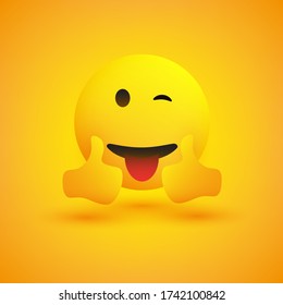 Smiling Emoticon on Yellow Background - Simple Happy Emoticon with Winked Eye and Outstretched Tongue Showing Thumbs Up - Vector Design Concept
