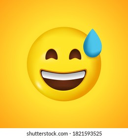 Smiling emoticon with open mouth and cold sweat. Big smile in 3D. Vector illustration.