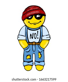 Smiling emoticon with sunglasses and t-shirt inscription No! Funny vector cartoon illustration for your desigh. Anthropomorphic smiley.