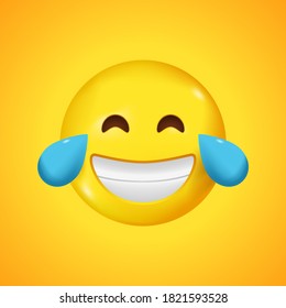Smiling emoticon with tears of joy. Big smile in 3D. Vector illustration.