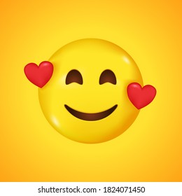 Smiling emoticon with three hearts. Big smile in 3D. Vector illustration.