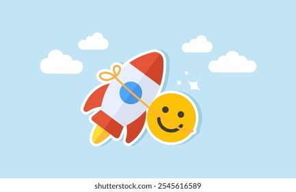 A smiling emoticon tied with a rope to a rocket soaring into the sky, illustration of boosting business engagement to enhance market appeal