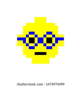 Smiling emoticon wearing eyeglasses, emoji, smiley. Pixel art style. Funny cartoon character. Web icon. Facial expression. 8-bit style. Isolated abstract vector illustration.