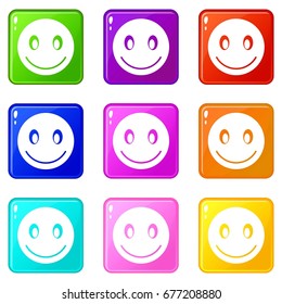 Smiling emoticons of 9 color set isolated vector illustration