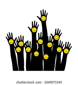 Smiling emoticons. Raised hands. Theme of social networking.