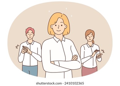 Smiling employees applaud confident businesswoman greeting with work success or promotion. Happy colleagues congratulate female worker clap hands. Vector illustration.