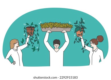 Smiling employees hold plants decorate office with greenery. Happy businesspeople with green flowers enjoy gardening making workplace cozy and comfortable. Flat vector illustration.