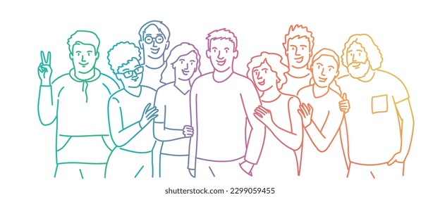 Smiling employees posing together. Hand drawn vector illustration.